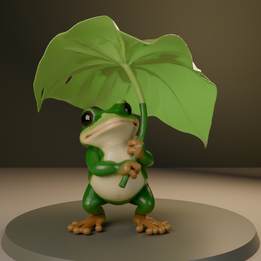A frog holding a leaf as an umbrella, a second scene from the same description with a different prop