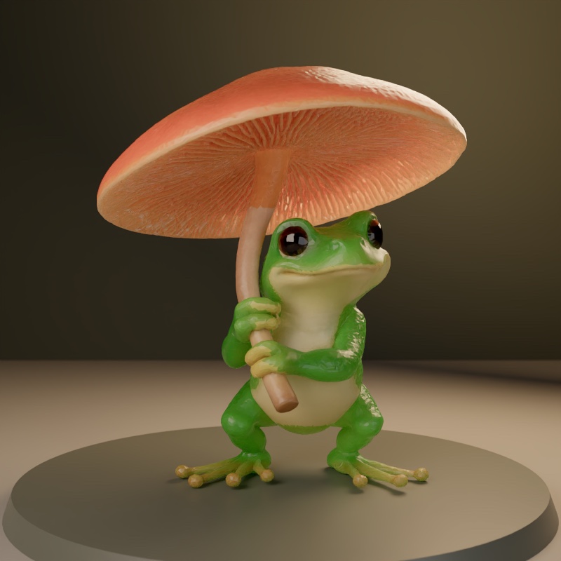 A path-traced frog holding a mushroom as an umbrella, generated and rendered in Tessera