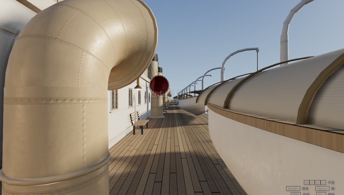 Looking aft along the boat deck between a ventilator cowl and the lifeboats