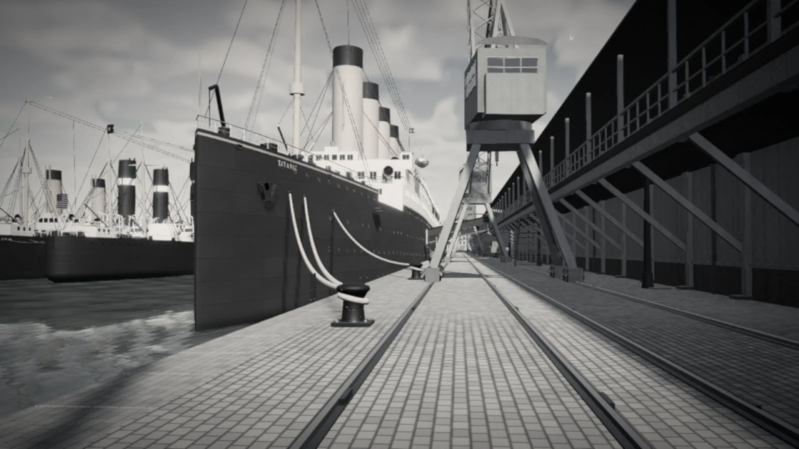 Vintage-style view of Titanic alongside the Southampton quay