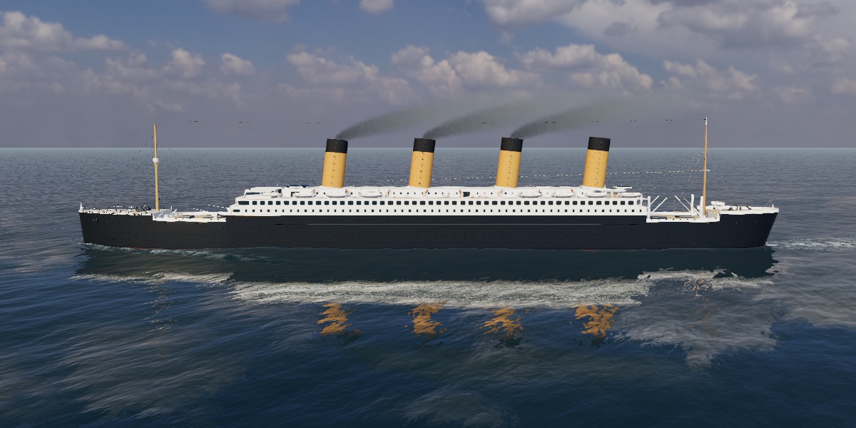 RMS Titanic at sea, starboard side, reconstructed in 3D