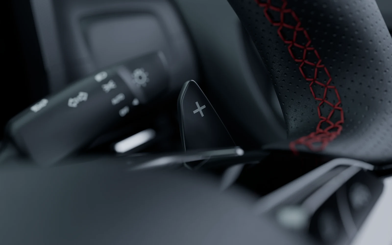 Hyundai paddle shifter and perforated leather steering wheel with red stitching