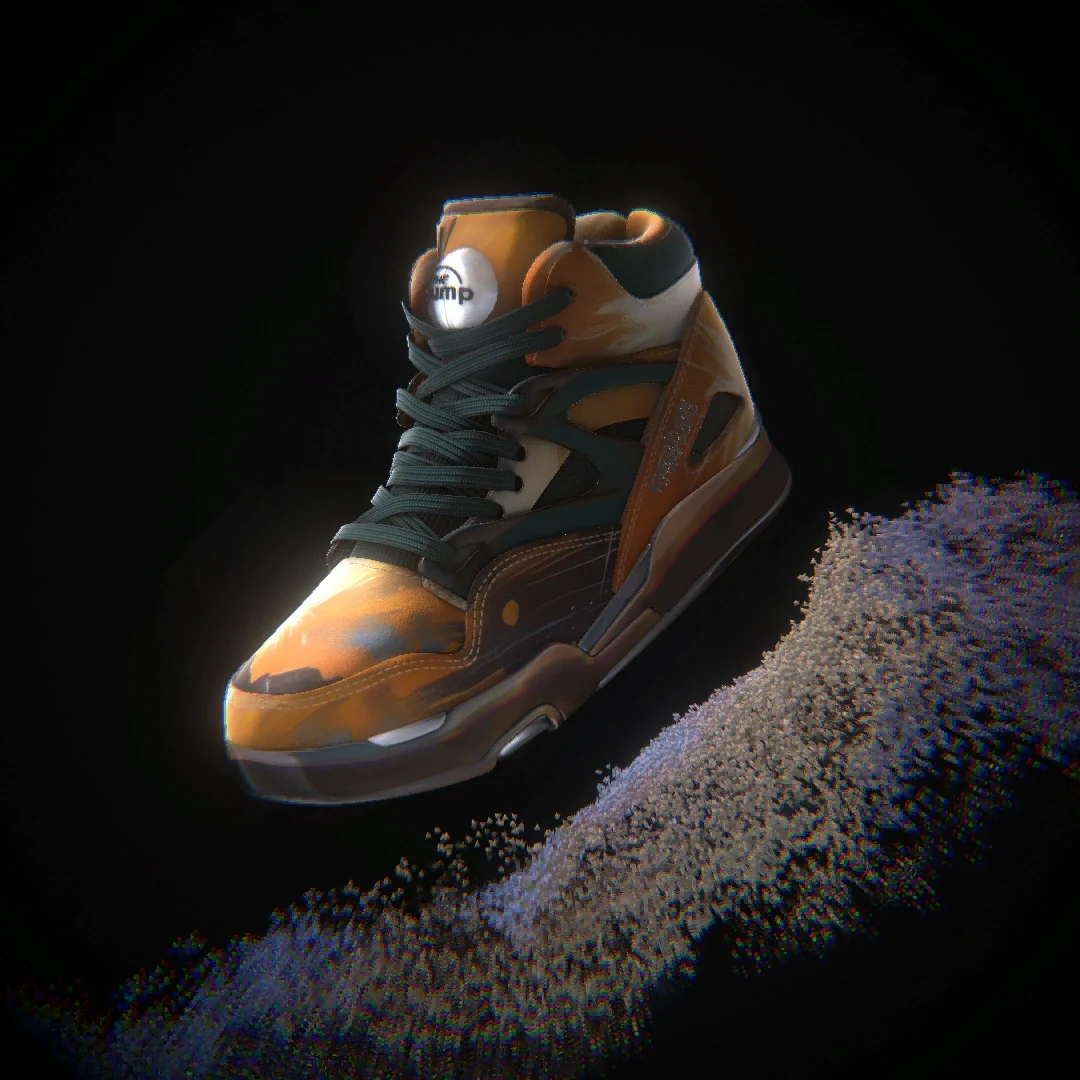 Reebok Pump high-top in orange and dark green, lit against a black background with metallic particles