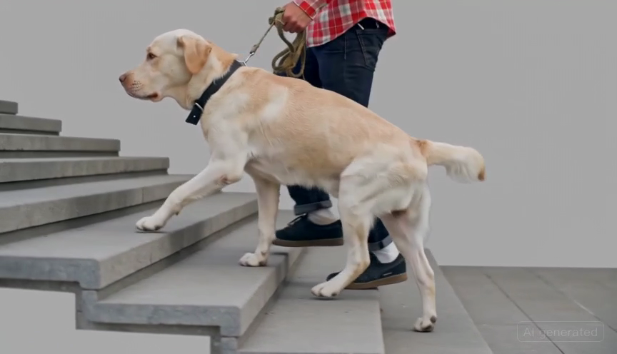 AI-generated side-view reference showing a Labrador climbing stairs