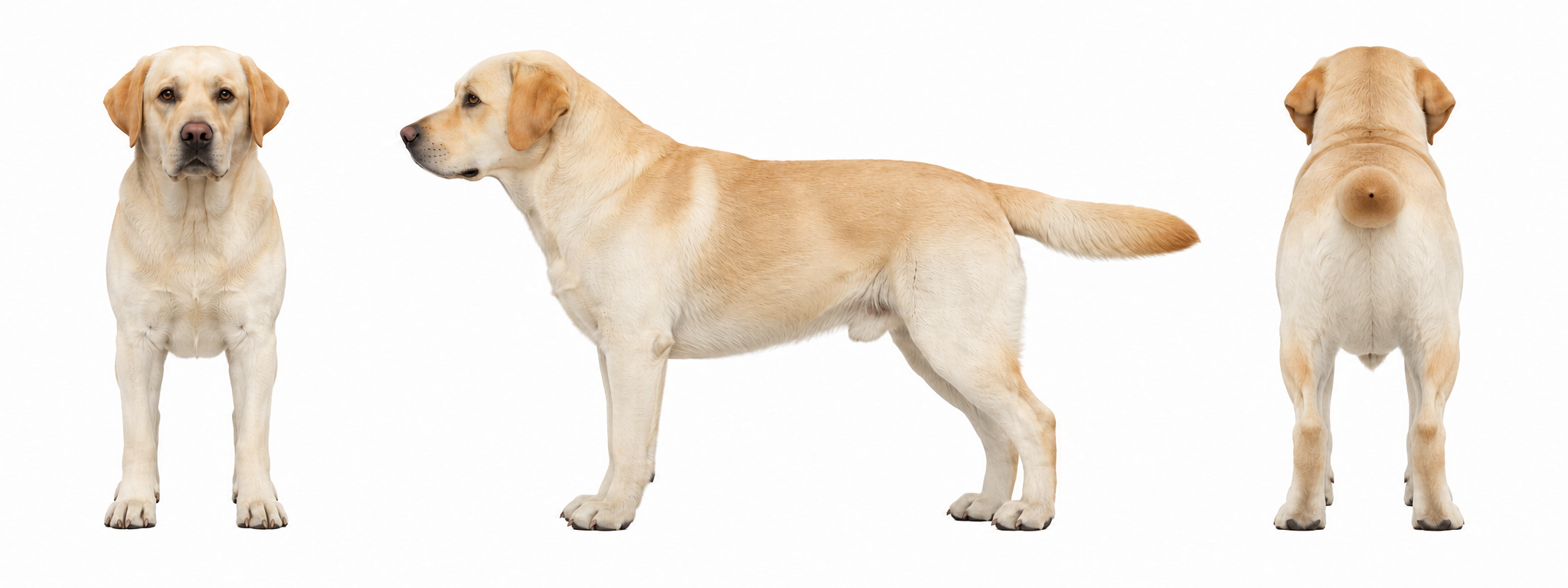 Front, side, and rear reference views of a Labrador